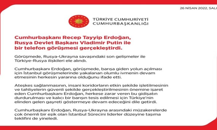 Cumhurbaşkanı  @RTErdogan , Rusya Devlet Başkanı Vladimir Putin ile bir telefon görüşmesi gerçekleştirdi